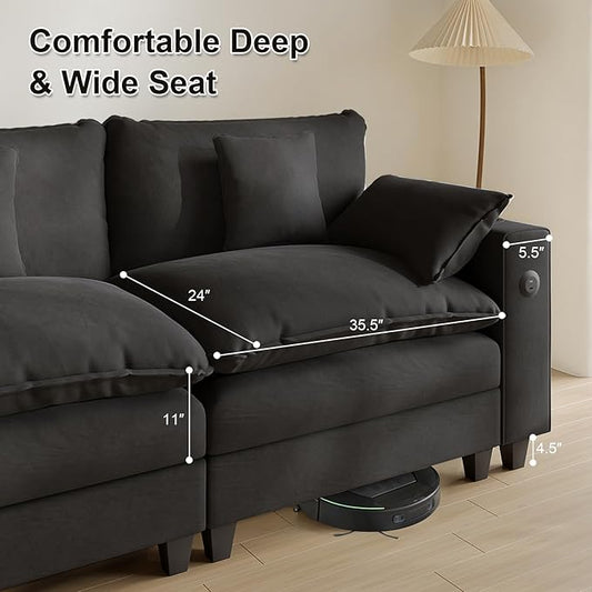 Cloud Couch, Modular Sectional Sofa with Ottoman, Charging Station, Throw Pillows, Cup Holders, Modern Convertible L Shaped Couches for Living Room, Bedroom (Classic Black, 152"- U Shape)