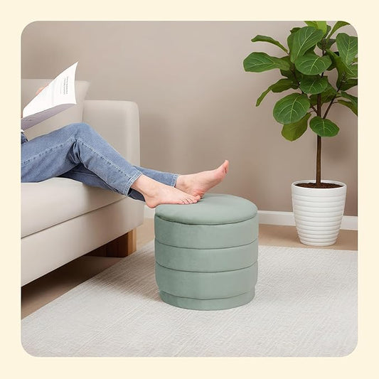PINPLUS Round Velvet Ottoman Tray, Sage Upholstered Decorative Accent for Footstool or Coffee Table, Removable Serving Surface