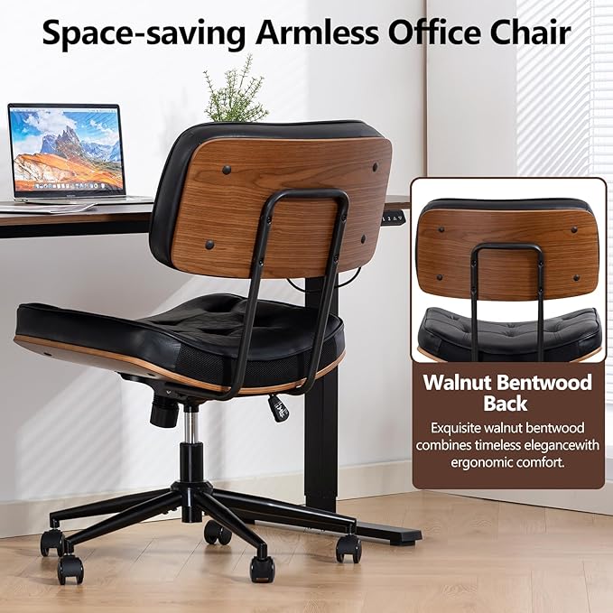 Armless Computer Chair, Small Desk Chair with Wheels and Adjustable Height, PU Leather Modern Swivel Walnut Task Chair for Home Office, Study, Library (Armle, Black)