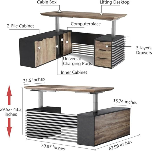 70.87" L Shaped Standing Executive Desk and 63" lateral File Cabinet, Large Adjustable Heigh Office Computer Desk with 3 Drawers,2.3" Desktop,Business Workstation,Black and Warm Oak