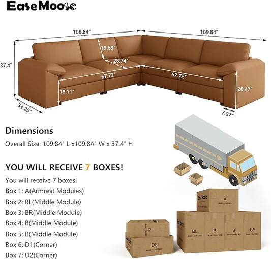 EASE MOOSE Oversized Corner Modular Sectional Sofa, Faux Leather Sectional Sofa with Deep Seat, Scratch Resistant Faux Leather Material, Extra Large L Shaped Couch, Brown