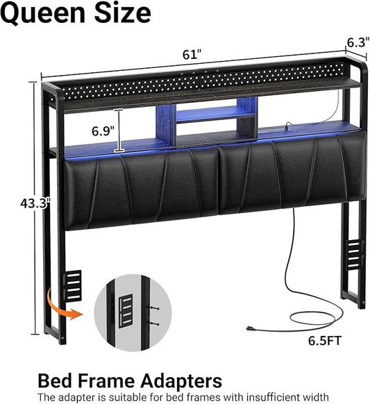 Unikito Headboard for Queen Size Bed Frame, Upholstered Head Board with Outlets, USB Ports and LED Light, Comfortable Leather Headboards with Storage Shelf, Sturdy Queen Bed Headboard Only, Black Oak