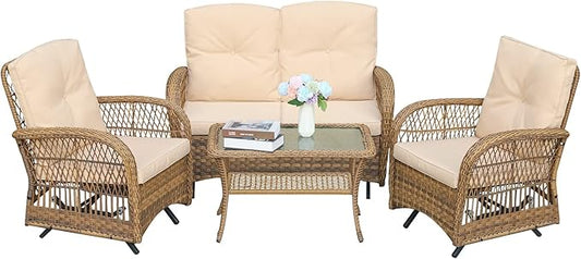 VIVIJASON 4-Piece Outdoor Patio Wicker Conversation Sets, All Weather Outdoor Rattan Furniture Set Includes Glider Loveseat, Coffee Table, 2 Glider Rocker Chairs with Cushions for Lawn Garden Balcony