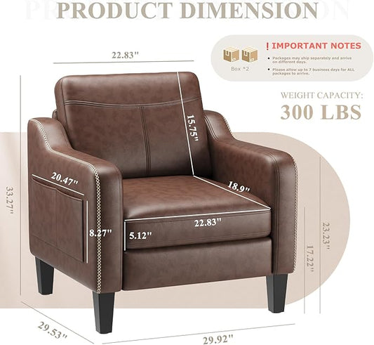 PU Leather Accent Chair Set of 2, Mid-Century Modern Living Room Armchair Sofa with Removable Cushions & Stitched Armrest Design, Bedroom Chair with Plastic Legs, Chocolate Brown