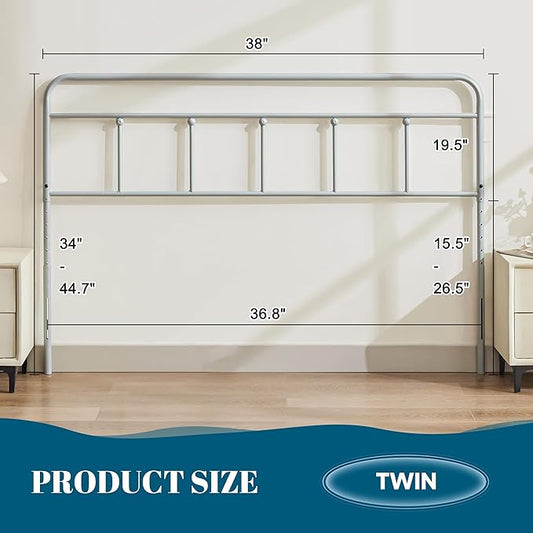 Metal Twin Size Headboard, Sturdy and Durable Iron Headboard Adjustable Height from 34” to 44”, Victorian Vintage Dorm Twin XL Bed Headboards, Farmhouse Head Board, Bed Frame Mount Grey