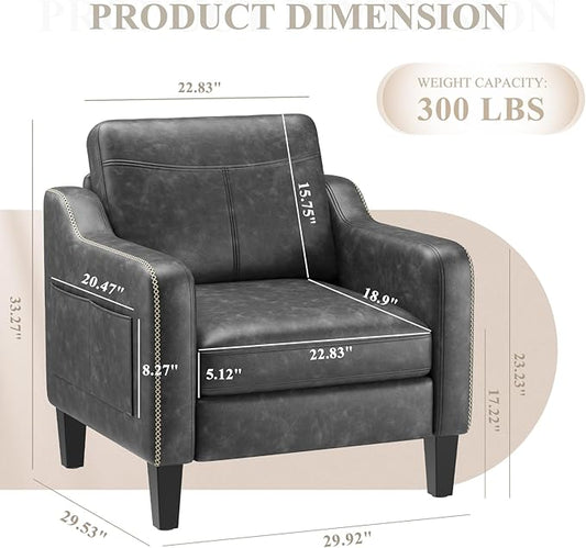 PU Leather Accent Chair, Mid-Century Modern Living Room Armchair Sofa with Removable Cushions, Solid Wood Frame & Stitched Armrest Design, Bedroom Chair with Plastic Legs, Black