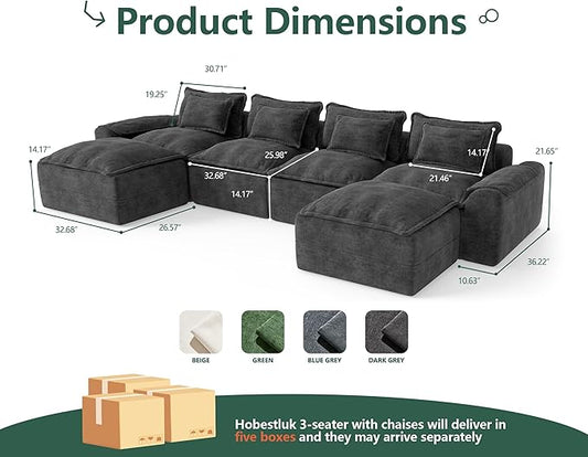 Hobestluk 152" Cloud Modular Sectional Couch 4-Seater Sofa with Ottomans U Shaped Couch Deep Seat Sofa with Removable Cover for Living Room (Dark Grey, 4-Seater Sofa with Two Ottomans)