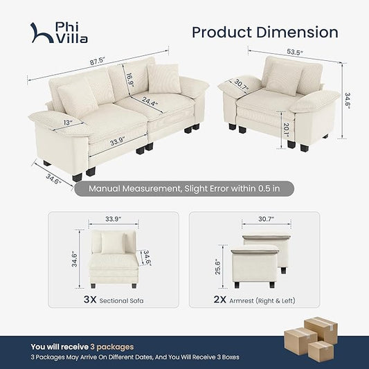 PHI VILLA Cloud Modular Couches Sets, 2 Pieces Sectional Sofa Set with Loveseat, 3-Seater Comfy Couch for Living Room Small Spaces, Chenille Corduroy Dual Fabric, Beige