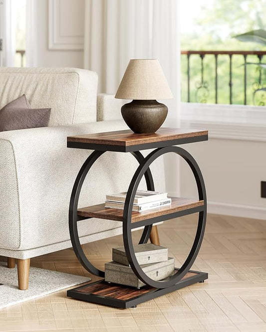 LITTLE TREE End Table Set 2, Side Table with 3 Tiers Shelves, Slim Sofa Side Table for Living Room, Tall Bedside Table Nightstand for Bedroom, Rustic Brown and Black