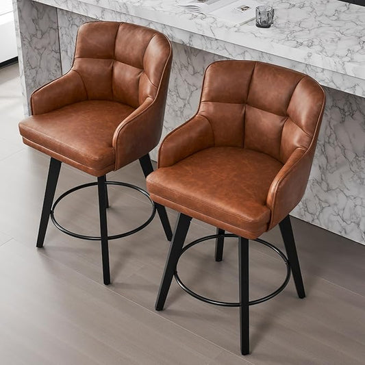 360°Swivel Counter Height Bar Stools with Back, 26 inch Solid Wood Legs, Bar Stool Modern Kitchen Island Chairs, Faux Leather (Brown- Faux Leather, 26" H- Set of 1)