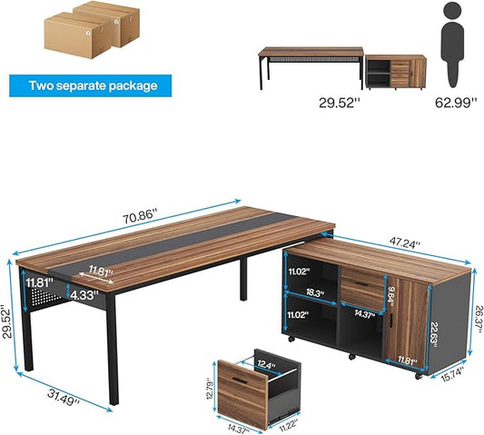 Tribesigns 71 inch Executive Desk, L Shaped Desk with Mobile File Cabinet, Executive Office Table with 2 Drawers and Storage Shelves, Business Furniture Workstation for Home Office, Walnut and Black