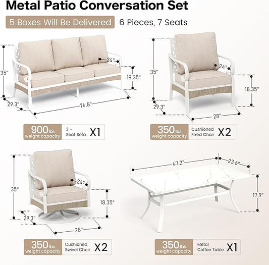 6 Piece Metal Outdoor Patio Furniture Set, Patio Conversation Set 1 3-Seater Sofa, 2 Fixed Sofa, 2 Swivel Chair with 5.75" Thick Cushion & Coffee Table White Backyard Furniture, Beige