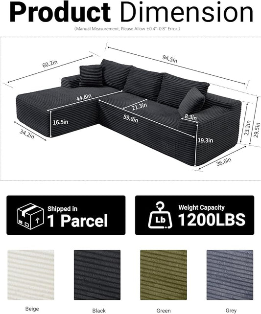 95 Inch Cloud Sectional Couch,Modular Sectional Sofa with Deep Seat,Modern Corduroy Boneless Couches with L-Shape Chaise for Living Room Bedroom,No Assembly Required (Black, Left Facing Chaise)