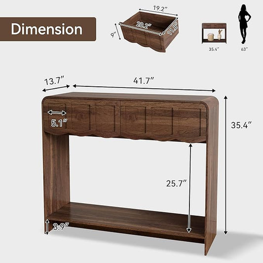 Console Table with 2 Drawers, Mid-Century Modern 42" Entryway Table with Open Storage Shelves, Sofa Table Behind Couch for Living Room, Hallway, Walnut