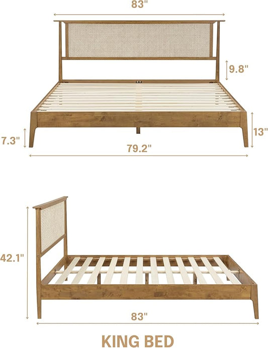 NTC Ruby Wooden Bed Frame with Headboard and Natural Rattan, Solid Oak Foundation with Silent Slats, 1000 Lb Capacity, Effortless Assembly, King - Teak Look