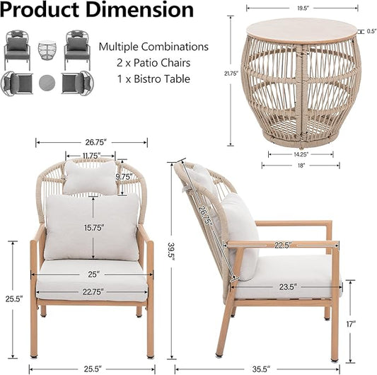 Modern Living Room Chairs, Accent Chairs Set of 2 with Coffee Table, Comfy Arm Chair with Cushions, Rattan Reading Lounge Chair with Metal Frame, Armchair for Bedrooom/Indoor/Outdoor, Beige