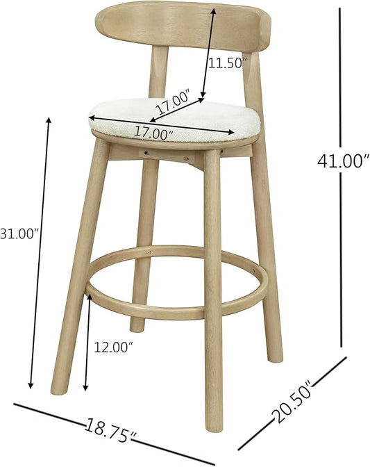 Christopher Knight Home Soley Modern Counter Height Bar Stools Set of 2, Boucle Fabric Round Stool Chair for Kitchen Island, Upholstered Counter Stool with Footrest and Backrest, Natural Ash+Beige