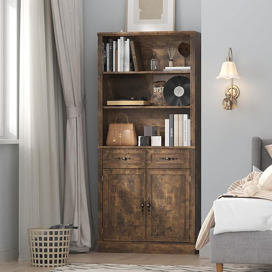72'' Tall Bookcase with Doors and Drawers, Adjustable Shelves, P2 MDF Construction, 32'' Wide Freestanding Cabinet with Metal Handles, Hidden Storage for Living Room, Bedroom, Brown