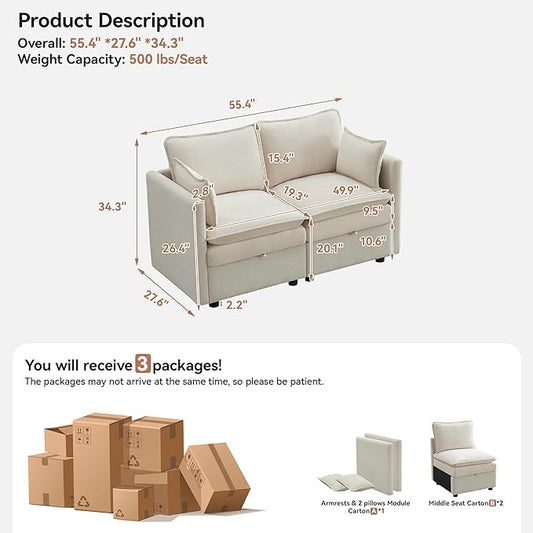 55" Cloud Modular Loveseat Sofa with Storage, Modern Upholstered Sofa Couch Small Love Seat,2 Seater Chenille Comfy Sectional Sofa with Armrests for Living Room, Small Space, Beige