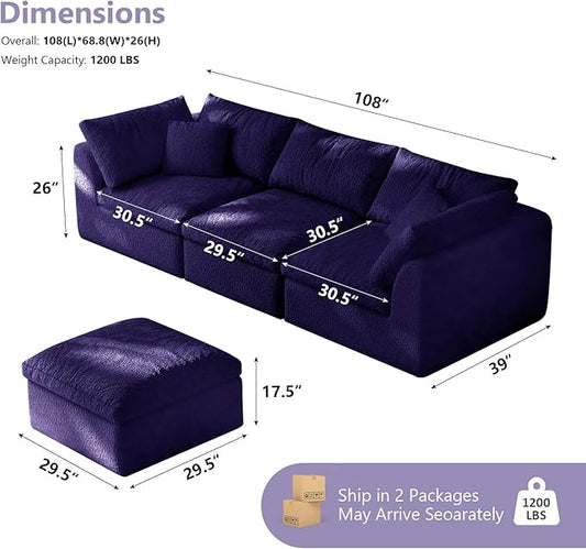 108" Boneless Cloud Couch Modular Sectional Sofa with Deep Seat for Living Room, L Shape Couch with Ottoman, Snowflake Cloth and 40D Memory Sponge,2 Throw Pillows (Purple, 3 Seater+1 Ottoman)