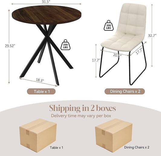31.5" Round Dining Table Chairs Set for 2, Small Dining Table Chairs Set Space-Saving, Small Dinette Sets for 2 for Kitchen Dining Room Apartment(Walnut Table + Beige Chairs)