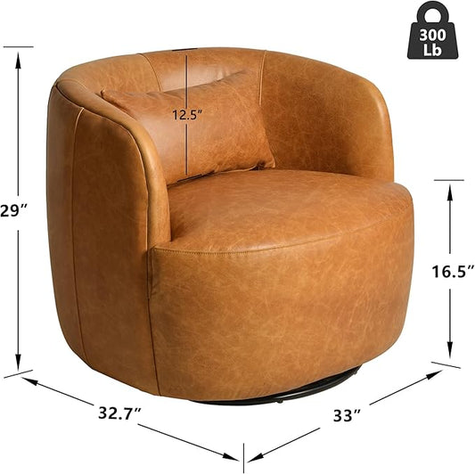 KINWELL 100% Top Grain Genuine Leather Swivel Barrel Armchair No Assembly Modern Upholstered Leather Swivel Accent Chairs with Toss Pillow for Living Room Office Lounge, Camel