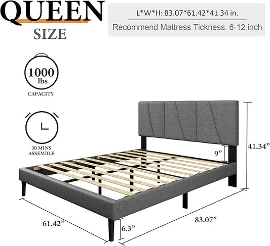 Queen Size Platform Bed Frame with Modern Upholstered Headboard, Wooden Slats Support, Noise Free, No Box Spring Needed, Easy Assembly, Dark Grey, Linen