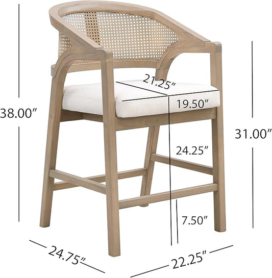 Christopher Knight Home Set of 2 Morley Wooden Counter Stool,Dining Room/Kitchen Island Barstool with footrest, Curved Backrest,Wicker/Cane Accents,Soft Removable Cushions, Light Beige+Light Ash