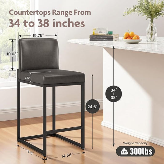 ALPHA HOME 24 Inch Bar Stools, Kitchen Counter Stools with Backs, PU Leather Barstools, Kitchen Stools with Back&Upholstered Footrest, Sturdy Chromed Metal Steel Frame, Grey