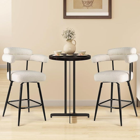 COSTWAY Counter Height Bar Stools Set of 2, 27" Swivel Modern Upholstered Counter Chairs with Boucle Fabric, Curved Backrests & Metal Legs, for Kitchen Island, Home, Pub (2, White + Black)
