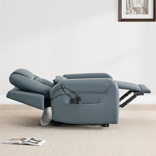CHITA Electric Power Lift Recliner Chair for Elderly with Massage and Heat, Large Lay Flat Genuine Leather Recliner Chair with Cup Holders, USB Ports, Power Headrest, Independent Backrest, Navy