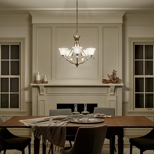 Kichler Dover 5-Light Chandelier in Antique Brass, Alabaster Swirl Glass, Traditional Style, (23" H x 24" DIA), 2020AB