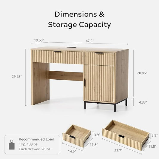 47" Fluted Executive Desk, Modern Wood Home Office Desk with Charging Station, Drawer & Cabinet, Computer Writing Desk for Work Study, Light Oak