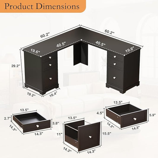 L Shaped Exective Desk with Drawers and File Drawers: 60" Country Vintage Desk for Home Office, Gaming Computer Desks with Storages(Black)