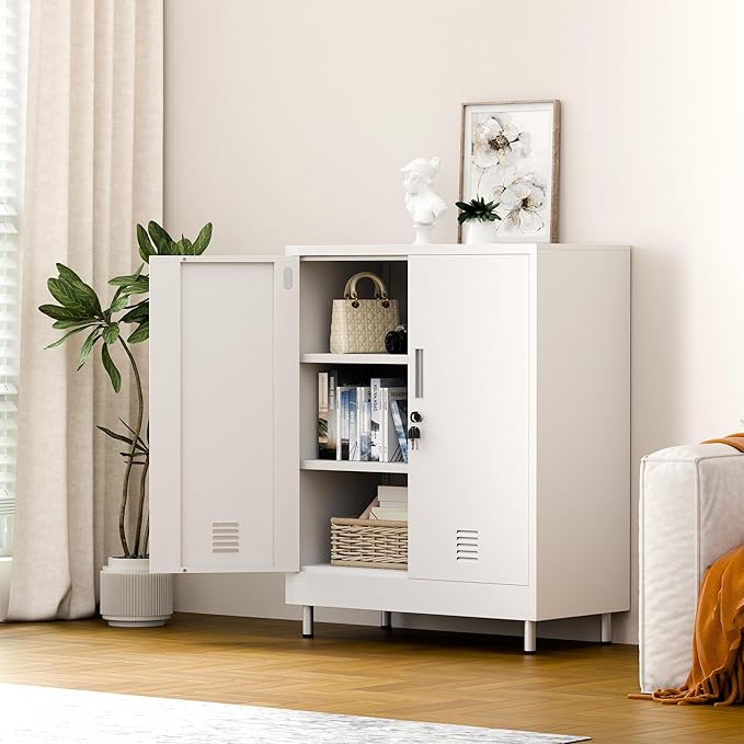Metal Storage Cabinet with Locking Doors and Adjustable Shelves, Small Lockable Storage Cabinet for Home Office Garage Pantry Entryway Living Room (White)