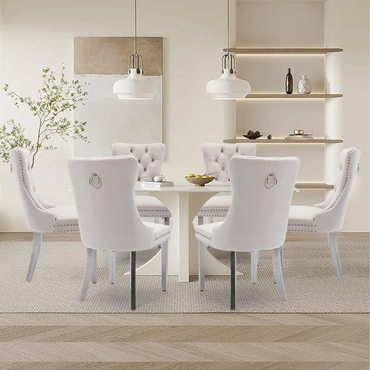 Velvet Upholstered Dining Chairs Set of 6, Modern Style Kitchen Side Chairs with Nailhead Trim and Silver Plated Leg, Metal Pulling Ring for Dining Room Living Room