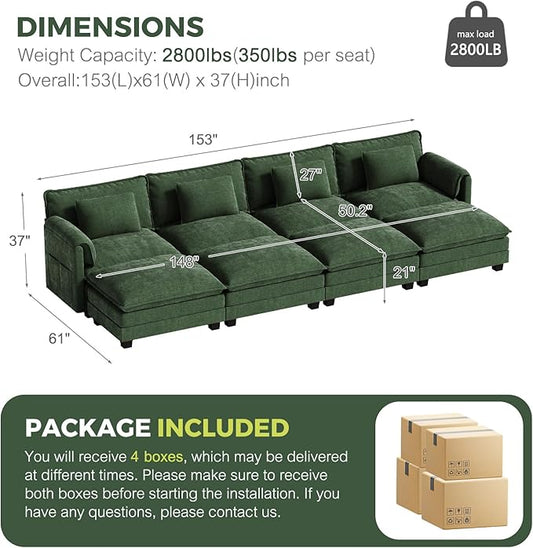 ELUCHANG Oversized 153" Modular Sectional Sofa, Comfy Deep Seat Cloud Couch Sleeper Sofa Bed, 8 Seat Modern Couch with Removable Cover for Living Room, Apartment, DIY Combination, Chenille Olive Green