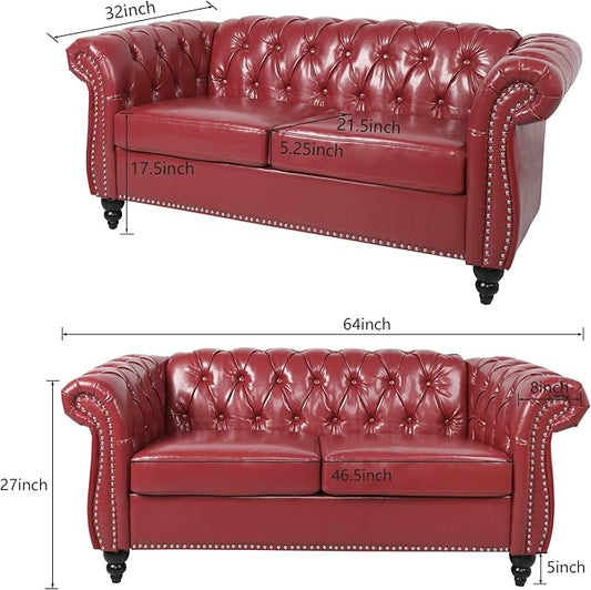 LEVNARY Leather Sofa, Chesterfield Tufted Upholstered 2 Seater Couch, Modern Loveseat Couch Classic Furniture for Living Room Bedroom (Wine Red)