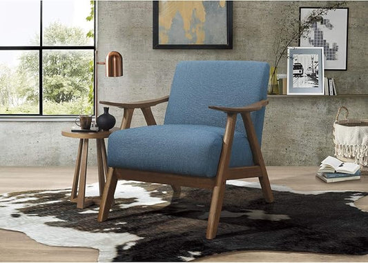 Lexicon Mid Century Modern Accent Chair with Solid Wood Frame in Walnut Finish, Upholstered Living Room Lounge Arm Chair, Thick and Comfy Innerspring Seat Cushion, Linen-Look Fabric, Blue