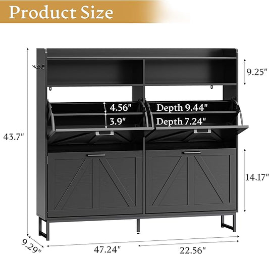 Shoe Cabinet Storage for Entryway, Shoe Storage Cabinet with 4 Flip Drawers, Freestanding Narrow Shoe Rack Organizer with Metal Legs, Adjustable Shelves & Open Storage for Foyer, Hallway, Black