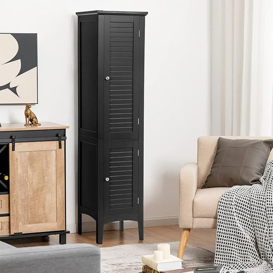 COSTWAY Tall Bathroom Storage Cabinet, 5-Tier Freestanding Linen Tower Cabinet with 2 Doors, Wooden Side Storage Organizer, Narrow Slim Floor Cabinet for Bathroom, Living Room, Kitchen (Black)