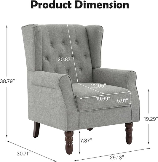 Pia Ricco High Back Floral Accent Chair - Retro Wingback Upholstered Armchair with Nailhead Trim, Solid Wood Legs, Fabric Living Room Bedroom Reading Chair (Light Gray)