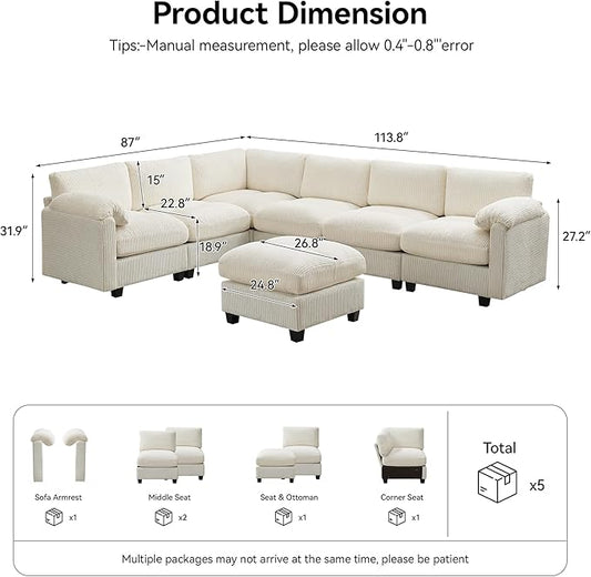 114'' V-Shaped Sectional Cloud Couch with Ottoman, 7-Seater Modular Couches for Living Room, Corduroy Oversized Deep Seat Sofa with Center Stitched, Beige
