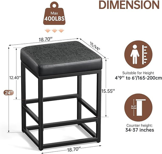 Counter Height Bar Stools Set of 2, 24" Barstools for Kitchen Countertop, Faux Leather Counter Stools with Thick Square Seats & Sturdy Metal Base, Simple Assembly, Black