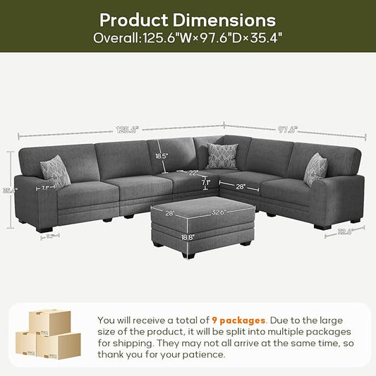 Wanderwell Oversized Modular Sectional Sofa, 7-Seater U Shaped Couches with Movable Ottoman,Corduroy Sectional Couch with Wide and Deep Seats Suitable for Living Room,Bedroom,Apartment (Grey, L-7)