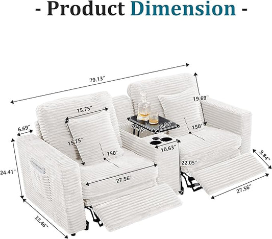 Power Reclining Sectional Sofa, Electric Loveseat Recliner with Storage Console and USB Ports, Plush Corduroy Fluffy Reclining Loveseat Couch Adjustable Headrest, 2 Seat Sofa for Living Room-White