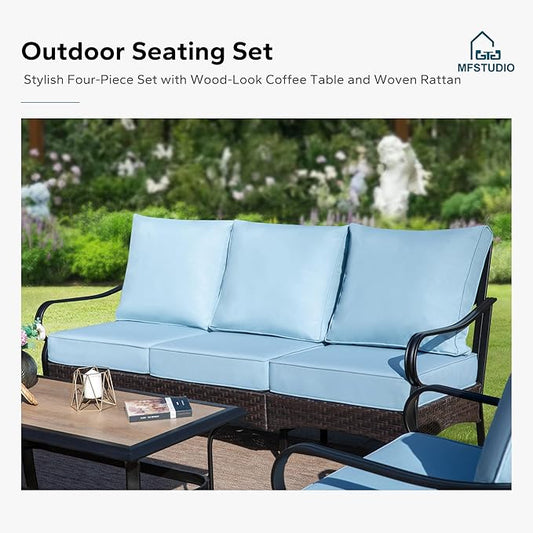 MFSTUDIO 5 PCS Outdoor Patio Furniture Set, Metal Outdoor Conversation Set, Rattan Wicker Patio Sectional Sofa Set with 2 x Rocking Single Sofa, 2-Seat and 3-Seat Sofa, 1 x Coffee Table, Blue