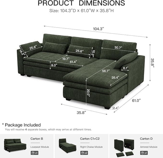 Belffin Large Modular Sectional Sofa with Deep Chaise, 104" Corduroy L Shaped Couch with 9" Soft Dual-Layer Seats Cushion for Living Room, Apartment, Green