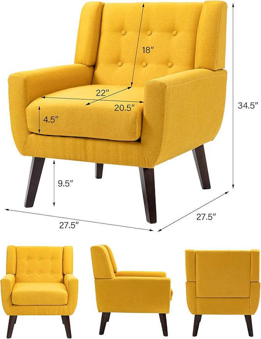 Accent Chair, Mid-Century Modern Fabric Chairs with Arms for Living Room, Comfy Upholstered Club Single Sofa Armchair for Bedroom Waiting Room with Solid Wood Frame (Fabric Yellow, Set of 1)