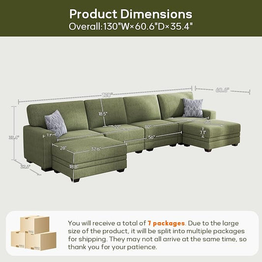 Wanderwell Oversized Modular Sectional Sofa, 6-Seater U Shaped Couches with Movable Ottoman,Corduroy Sectional Couch with Wide and Deep Seats Suitable for Living Room,Bedroom,Apartment (Olive, U-6)